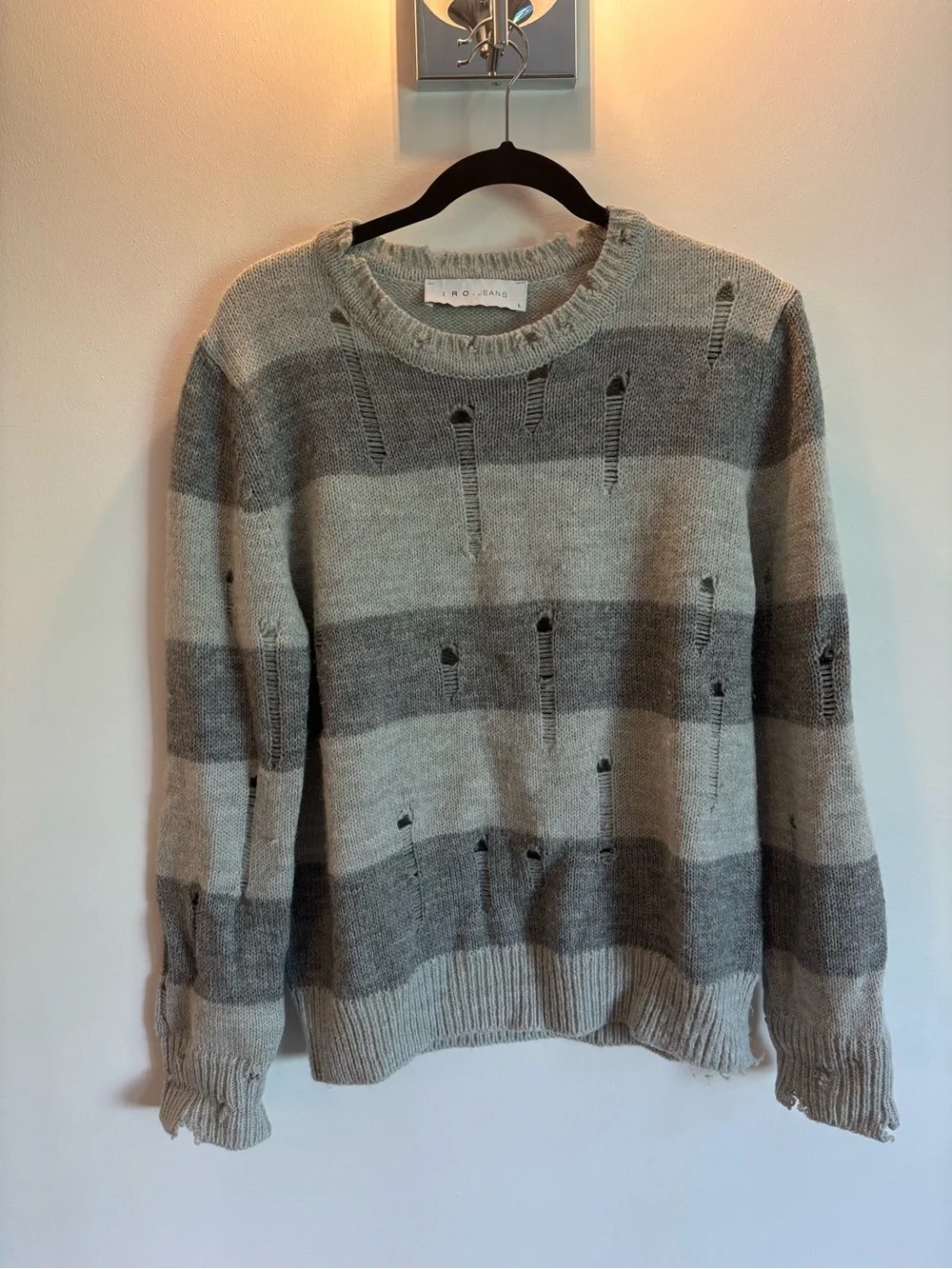 IRO Striped Distressed Crewneck Sweater - Gray & Light Gray